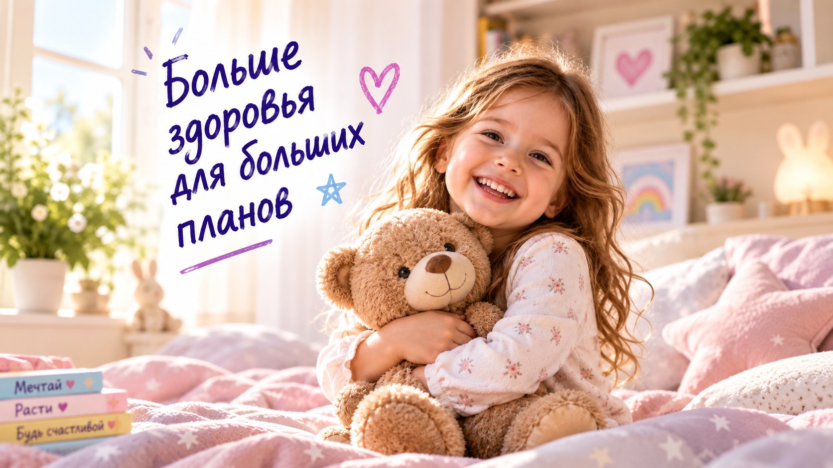 Девочка обнимает плюшевого медведя в детской — Больше здоровья для больших планов