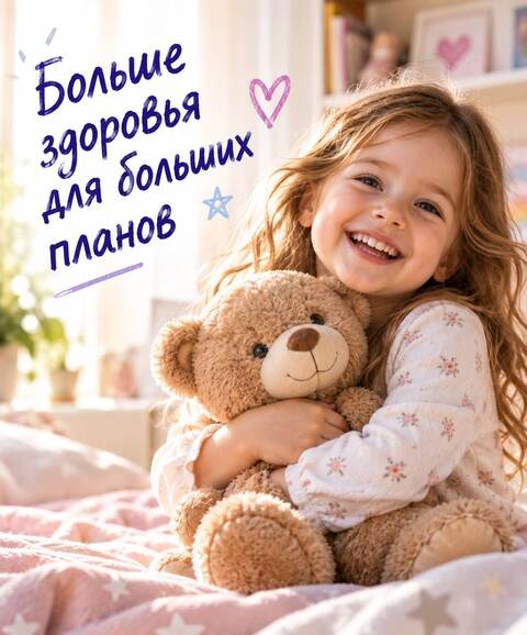 Девочка обнимает плюшевого медведя — Больше здоровья для больших планов