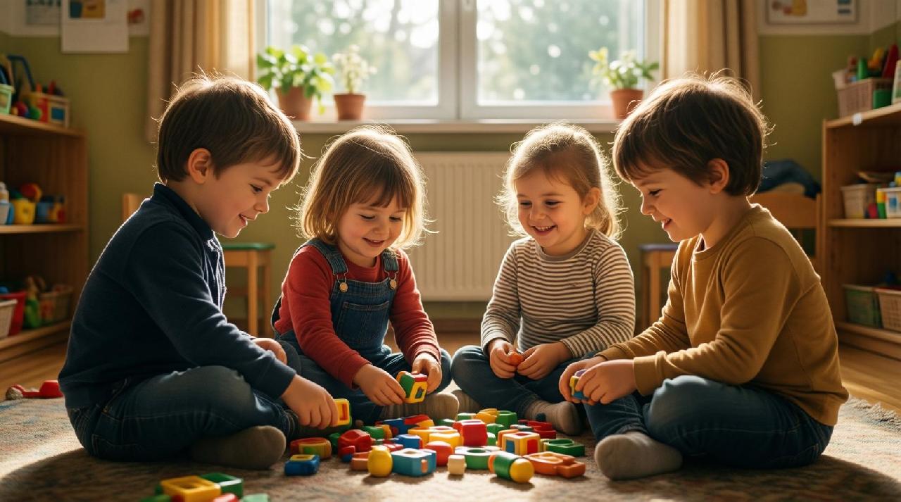 Дети играют в игрушки в детском саду