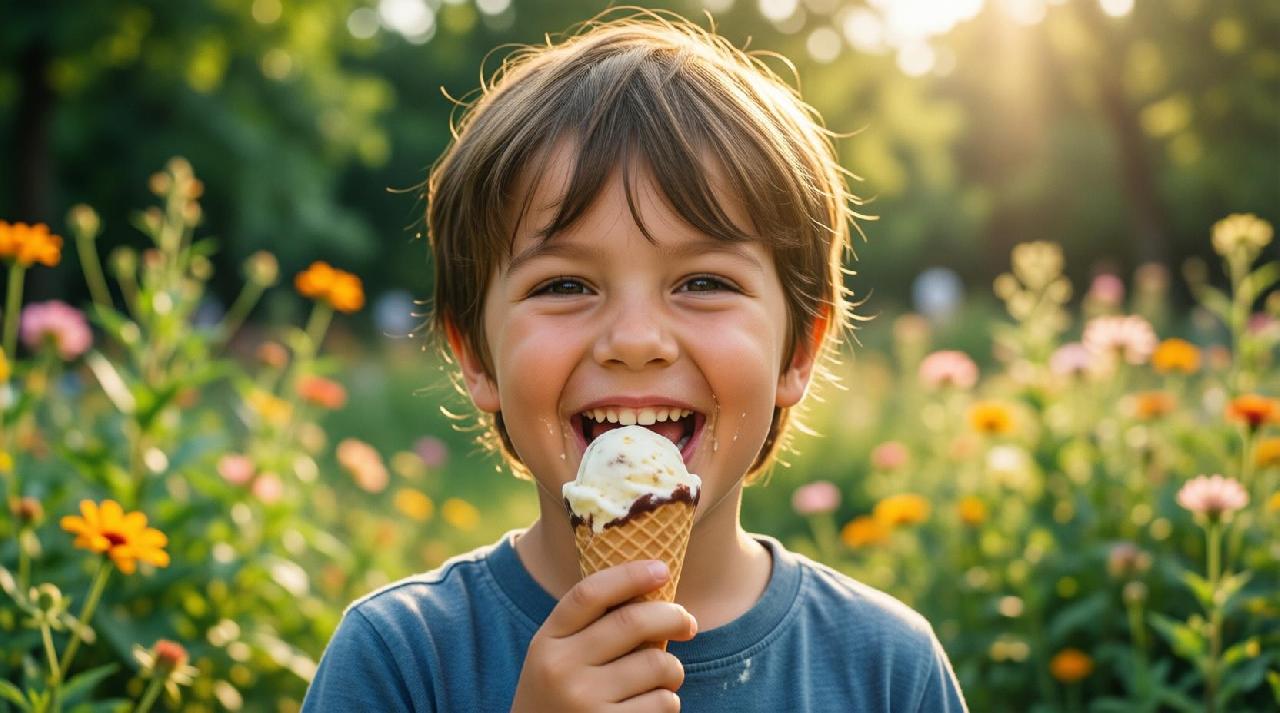 Ребенок ест мороженое на улице