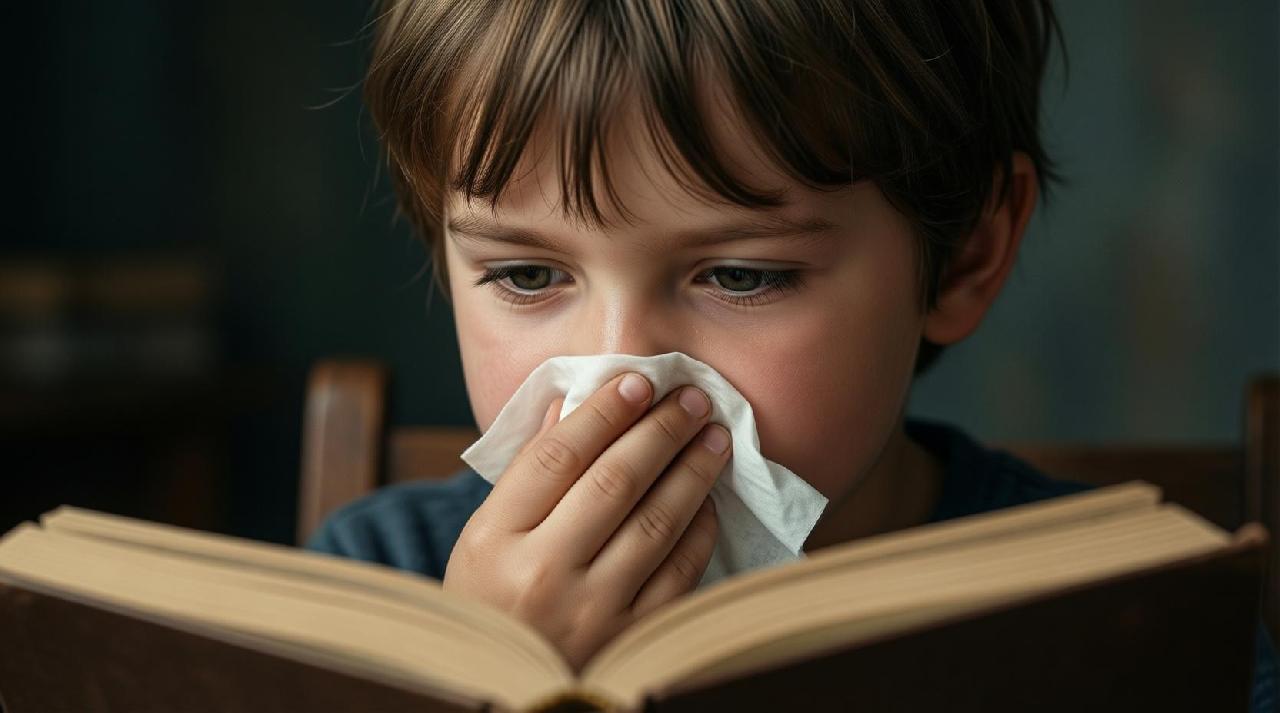Мальчик с насморком читает книгу