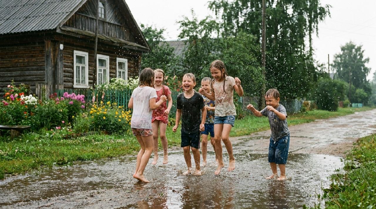 Дети играют в деревне под дождем