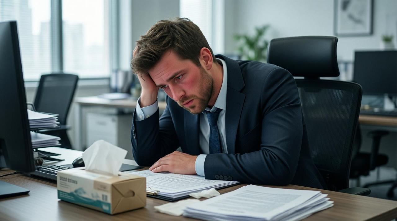 Мужчина работает в офисе с признаками недолеченной простуды